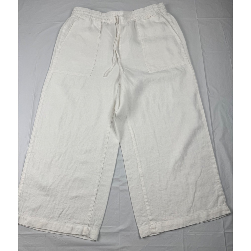 Lands End White Linen High Rise Wide Leg Crop Pants Medium 10-12 JK-NNLEB-W-HR